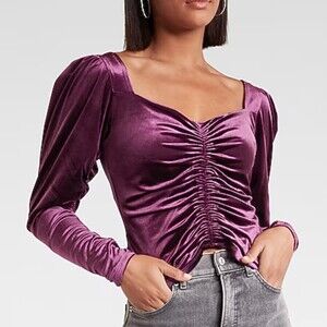 Express Luxe Purple Velvet Top Ruched Sweetheart Neck Puff Sleeve Top Coquette